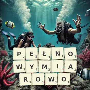 Kreatywna ilustracja do gry w Scrabble ze słowem PEŁNOWYMIAROWO ułożonym z płytek na planszy.