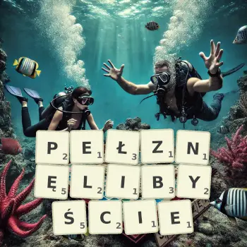 Kreatywna ilustracja do gry w Scrabble ze słowem PEŁZNĘLIBYŚCIE ułożonym z płytek na planszy.