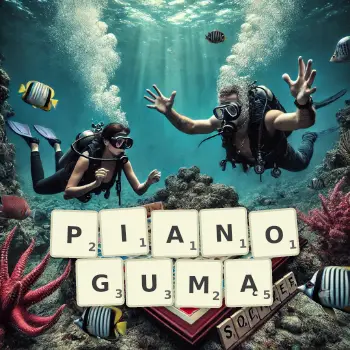 Kreatywna ilustracja do gry w Scrabble ze słowem PIANOGUMĄ ułożonym z płytek na planszy.