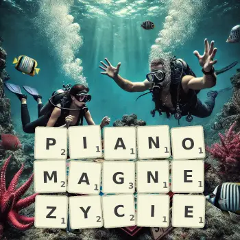 Kreatywna ilustracja do gry w Scrabble ze słowem PIANOMAGNEZYCIE ułożonym z płytek na planszy.