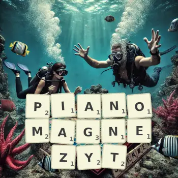 Kreatywna ilustracja do gry w Scrabble ze słowem PIANOMAGNEZYT ułożonym z płytek na planszy.