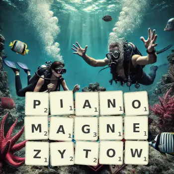 Kreatywna ilustracja do gry w Scrabble ze słowem PIANOMAGNEZYTOW ułożonym z płytek na planszy.