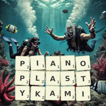 Kreatywna ilustracja do gry w Scrabble ze słowem PIANOPLASTYKAMI ułożonym z płytek na planszy.