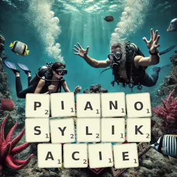 Kreatywna ilustracja do gry w Scrabble ze słowem PIANOSYLIKACIE ułożonym z płytek na planszy.