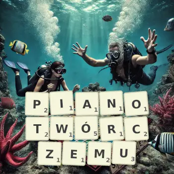 Kreatywna ilustracja do gry w Scrabble ze słowem PIANOTWÓRCZEMU ułożonym z płytek na planszy.