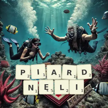 Kreatywna ilustracja do gry w Scrabble ze słowem PIARDNĘLI ułożonym z płytek na planszy.