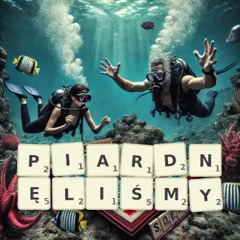 Kreatywna ilustracja do gry w Scrabble ze słowem PIARDNĘLIŚMY ułożonym z płytek na planszy.
