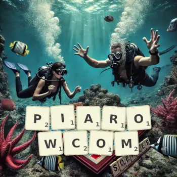 Kreatywna ilustracja do gry w Scrabble ze słowem PIAROWCOM ułożonym z płytek na planszy.