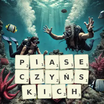 Kreatywna ilustracja do gry w Scrabble ze słowem PIASECZYŃSKICH ułożonym z płytek na planszy.