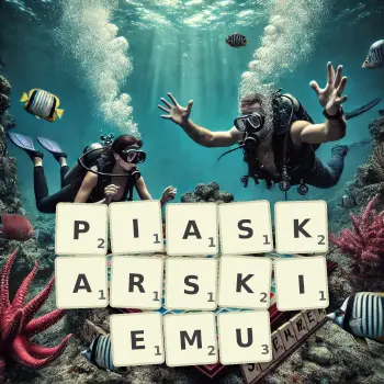 Kreatywna ilustracja do gry w Scrabble ze słowem PIASKARSKIEMU ułożonym z płytek na planszy.