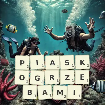 Kreatywna ilustracja do gry w Scrabble ze słowem PIASKOGRZEBAMI ułożonym z płytek na planszy.