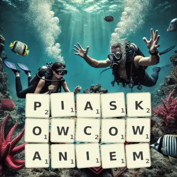 Kreatywna ilustracja do gry w Scrabble ze słowem PIASKOWCOWANIEM ułożonym z płytek na planszy.