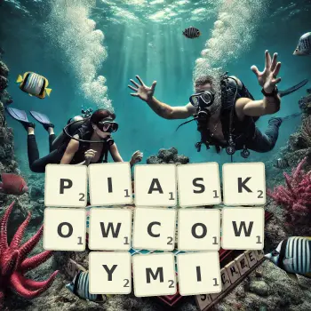 Kreatywna ilustracja do gry w Scrabble ze słowem PIASKOWCOWYMI ułożonym z płytek na planszy.