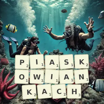 Kreatywna ilustracja do gry w Scrabble ze słowem PIASKOWIANKACH ułożonym z płytek na planszy.