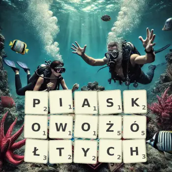 Kreatywna ilustracja do gry w Scrabble ze słowem PIASKOWOŻÓŁTYCH ułożonym z płytek na planszy.