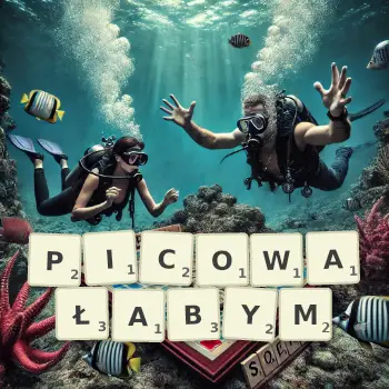 Kreatywna ilustracja do gry w Scrabble ze słowem PICOWAŁABYM ułożonym z płytek na planszy.