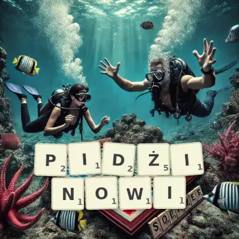 Kreatywna ilustracja do gry w Scrabble ze słowem PIDŻINOWI ułożonym z płytek na planszy.