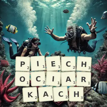 Kreatywna ilustracja do gry w Scrabble ze słowem PIECHOCIARKACH ułożonym z płytek na planszy.