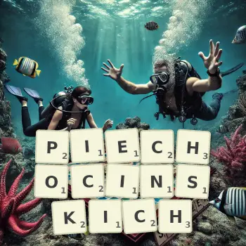 Kreatywna ilustracja do gry w Scrabble ze słowem PIECHOCINSKICH ułożonym z płytek na planszy.