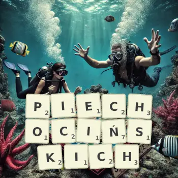 Kreatywna ilustracja do gry w Scrabble ze słowem PIECHOCIŃSKICH ułożonym z płytek na planszy.