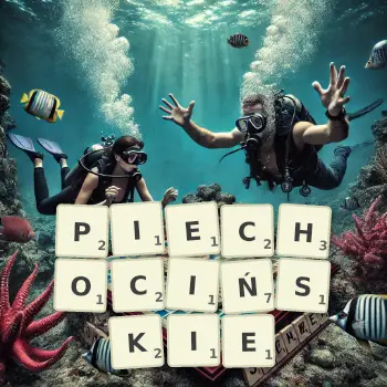 Kreatywna ilustracja do gry w Scrabble ze słowem PIECHOCIŃSKIE ułożonym z płytek na planszy.