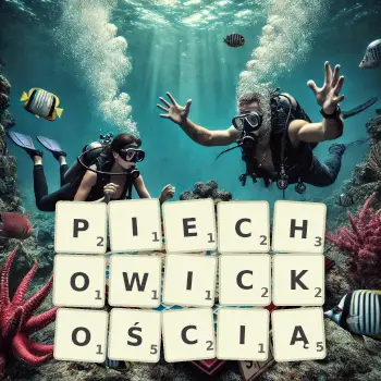 Kreatywna ilustracja do gry w Scrabble ze słowem PIECHOWICKOŚCIĄ ułożonym z płytek na planszy.