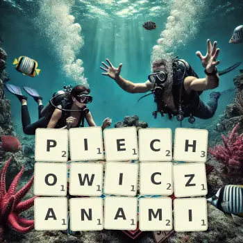 Kreatywna ilustracja do gry w Scrabble ze słowem PIECHOWICZANAMI ułożonym z płytek na planszy.