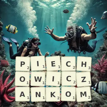 Kreatywna ilustracja do gry w Scrabble ze słowem PIECHOWICZANKOM ułożonym z płytek na planszy.