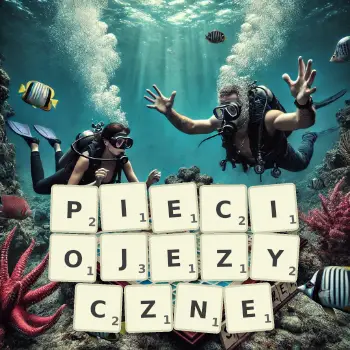 Kreatywna ilustracja do gry w Scrabble ze słowem PIECIOJEZYCZNE ułożonym z płytek na planszy.