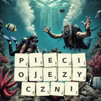 Kreatywna ilustracja do gry w Scrabble ze słowem PIECIOJEZYCZNI ułożonym z płytek na planszy.
