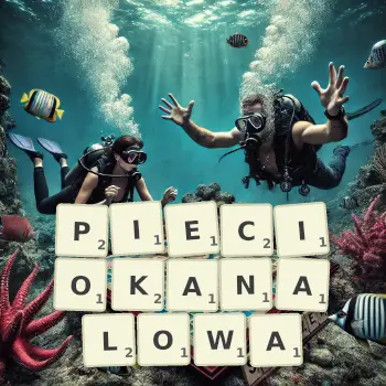 Kreatywna ilustracja do gry w Scrabble ze słowem PIECIOKANALOWA ułożonym z płytek na planszy.
