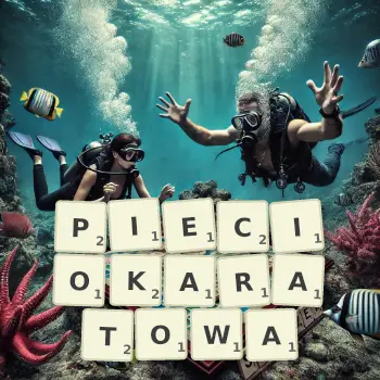 Kreatywna ilustracja do gry w Scrabble ze słowem PIECIOKARATOWA ułożonym z płytek na planszy.