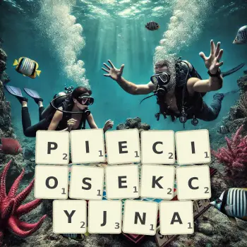 Kreatywna ilustracja do gry w Scrabble ze słowem PIECIOSEKCYJNA ułożonym z płytek na planszy.