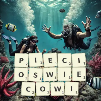 Kreatywna ilustracja do gry w Scrabble ze słowem PIECIOSWIECOWI ułożonym z płytek na planszy.