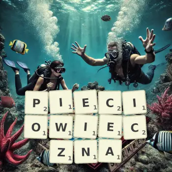 Kreatywna ilustracja do gry w Scrabble ze słowem PIECIOWIECZNA ułożonym z płytek na planszy.