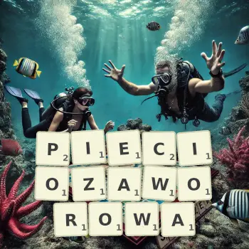 Kreatywna ilustracja do gry w Scrabble ze słowem PIECIOZAWOROWA ułożonym z płytek na planszy.