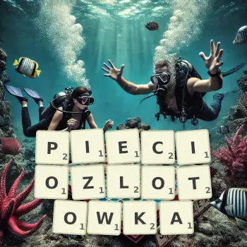Kreatywna ilustracja do gry w Scrabble ze słowem PIECIOZLOTOWKA ułożonym z płytek na planszy.