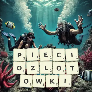 Kreatywna ilustracja do gry w Scrabble ze słowem PIECIOZLOTOWKI ułożonym z płytek na planszy.