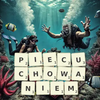 Kreatywna ilustracja do gry w Scrabble ze słowem PIECUCHOWANIEM ułożonym z płytek na planszy.