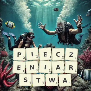 Kreatywna ilustracja do gry w Scrabble ze słowem PIECZENIARSTWA ułożonym z płytek na planszy.