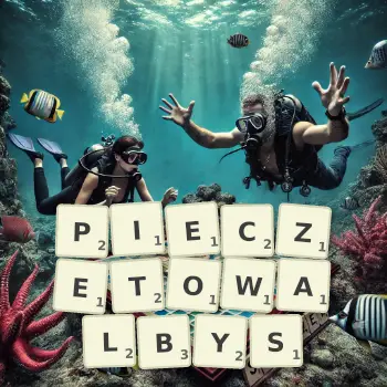 Kreatywna ilustracja do gry w Scrabble ze słowem PIECZETOWALBYS ułożonym z płytek na planszy.