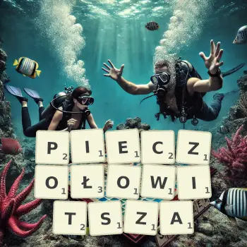Kreatywna ilustracja do gry w Scrabble ze słowem PIECZOŁOWITSZA ułożonym z płytek na planszy.