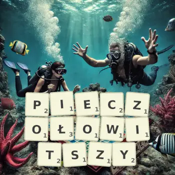 Kreatywna ilustracja do gry w Scrabble ze słowem PIECZOŁOWITSZY ułożonym z płytek na planszy.