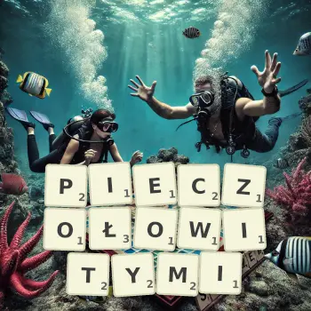 Kreatywna ilustracja do gry w Scrabble ze słowem PIECZOŁOWITYMI ułożonym z płytek na planszy.