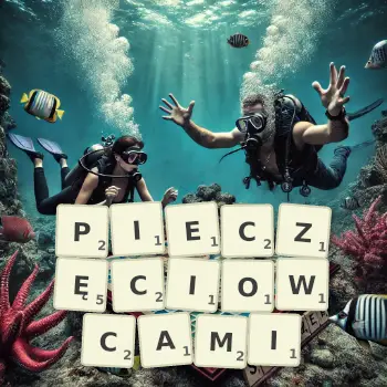 Kreatywna ilustracja do gry w Scrabble ze słowem PIECZĘCIOWCAMI ułożonym z płytek na planszy.