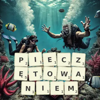 Kreatywna ilustracja do gry w Scrabble ze słowem PIECZĘTOWANIEM ułożonym z płytek na planszy.