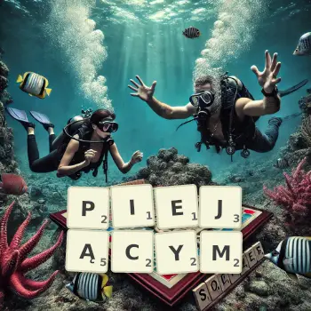 Kreatywna ilustracja do gry w Scrabble ze słowem PIEJĄCYM ułożonym z płytek na planszy.