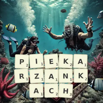 Kreatywna ilustracja do gry w Scrabble ze słowem PIEKARZANKACH ułożonym z płytek na planszy.