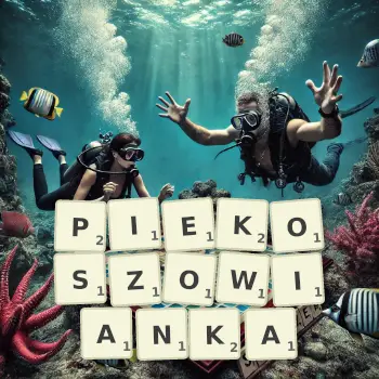 Kreatywna ilustracja do gry w Scrabble ze słowem PIEKOSZOWIANKA ułożonym z płytek na planszy.