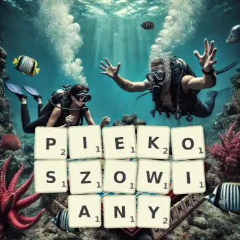Kreatywna ilustracja do gry w Scrabble ze słowem PIEKOSZOWIANY ułożonym z płytek na planszy.